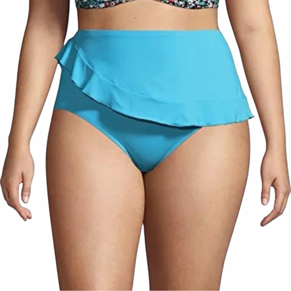 Lands’ End Turquoise Blue Faux Wrap Ruffle Skirt Swim Bikini Bottoms size 10